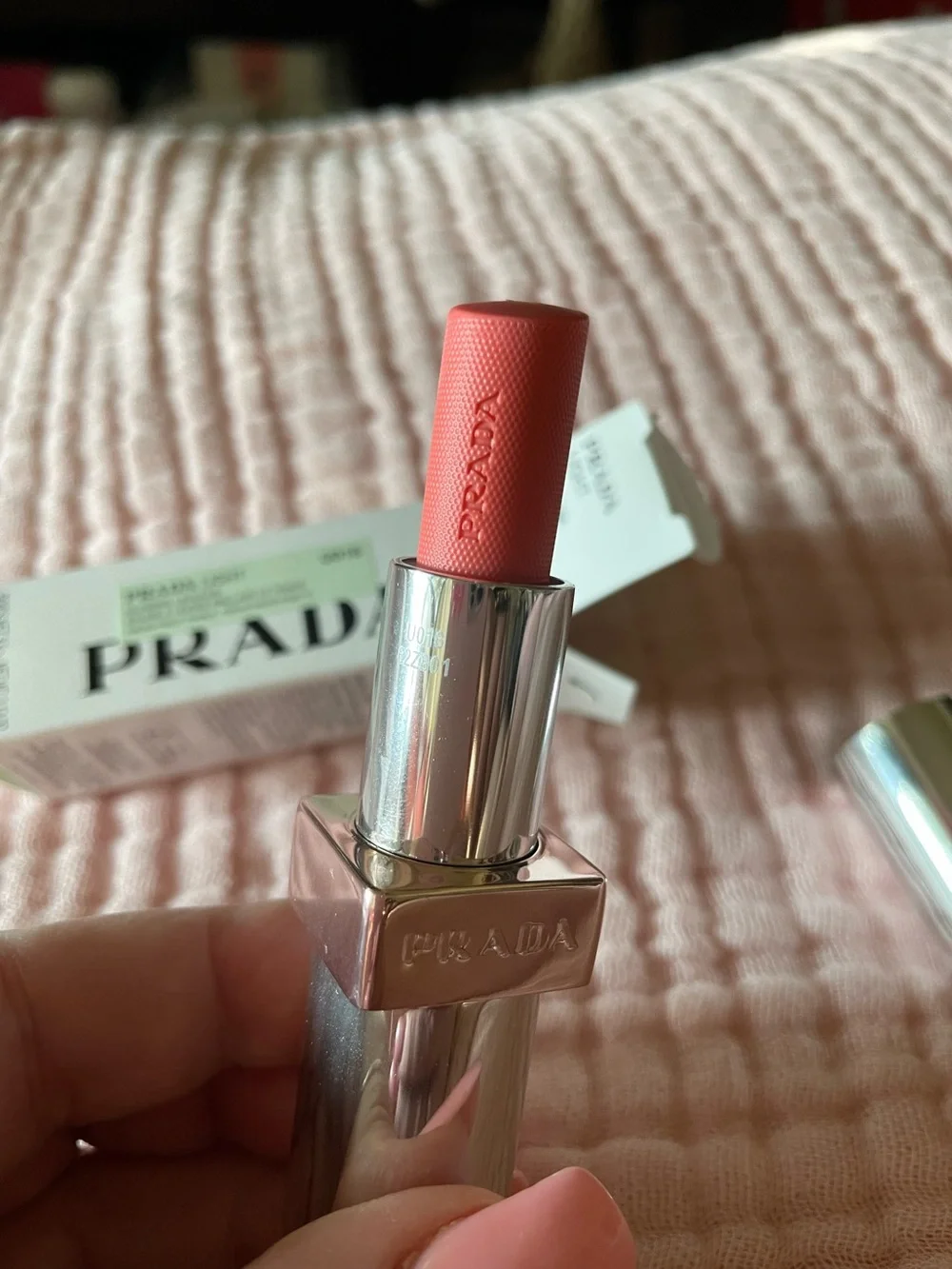 Prada Coral Pink Lipstick — Satin Coral Hue